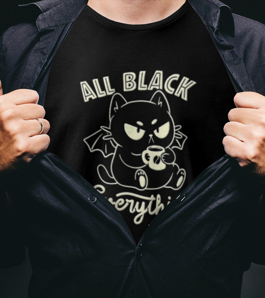 All Black Everything Cartoon Bat Cat Drinking Coffee T-Shirt