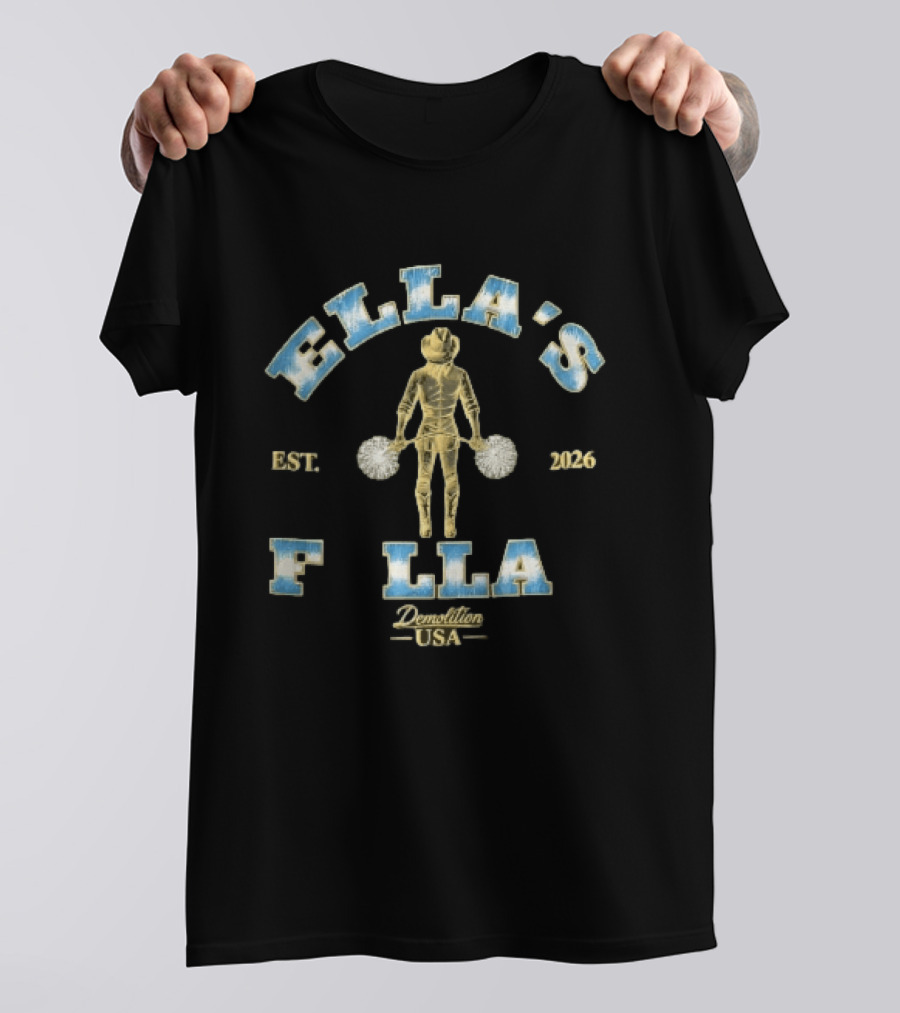 ELLA'S FLLA Est 2026 Demolition USA Golden Cowgirl Cheerleader Back View Holding Pom Poms T-Shirt