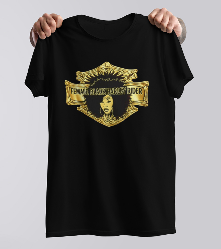 Female Black Harley Rider Gold Ornate Shield Afro T-Shirt