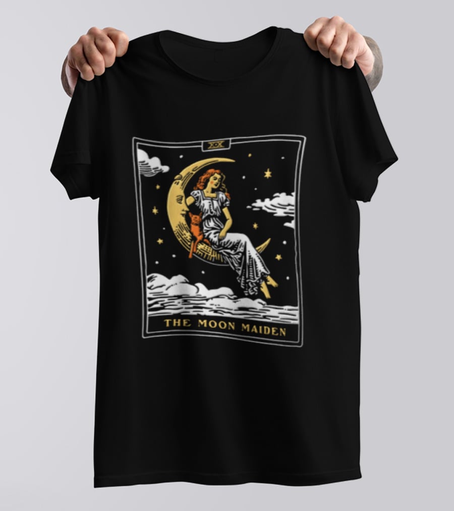 The Moon Maiden Tarot Card Crescent Cat And Stars T-Shirt