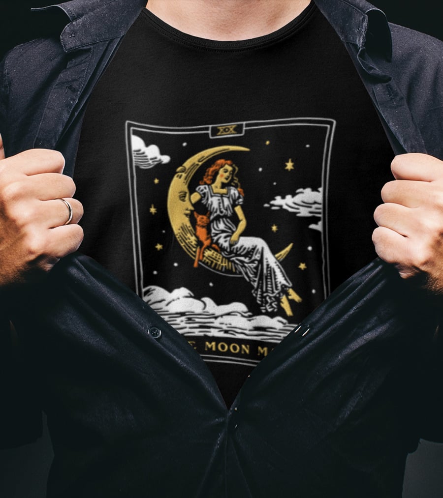 The Moon Maiden Tarot Card Crescent Cat And Stars T-Shirt