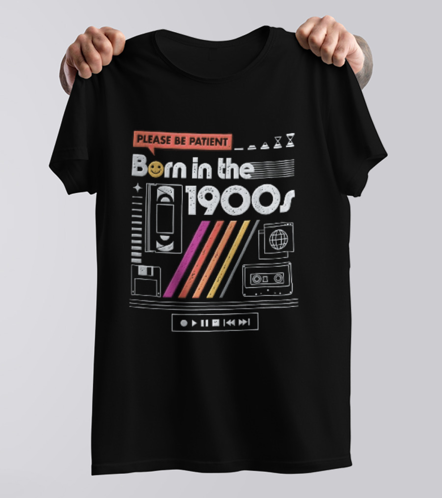 Please Be Patient Born In The 1900s VHS Tape Cassette Floppy Disk Colorful Stripes Retro Technology T-Shirt