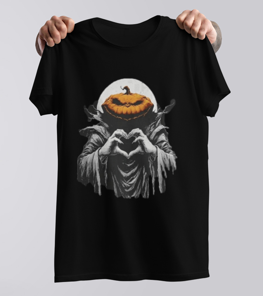 Scary Jack O Lantern Hooded Cloak Heart Hands Full Moon T-Shirt
