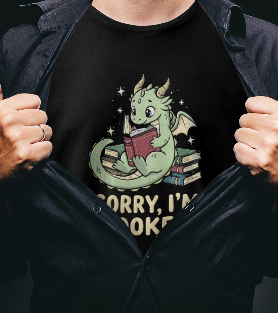 Sorry I'm Booked Cartoon Green Dragon Reading Book With Stars T-Shirt