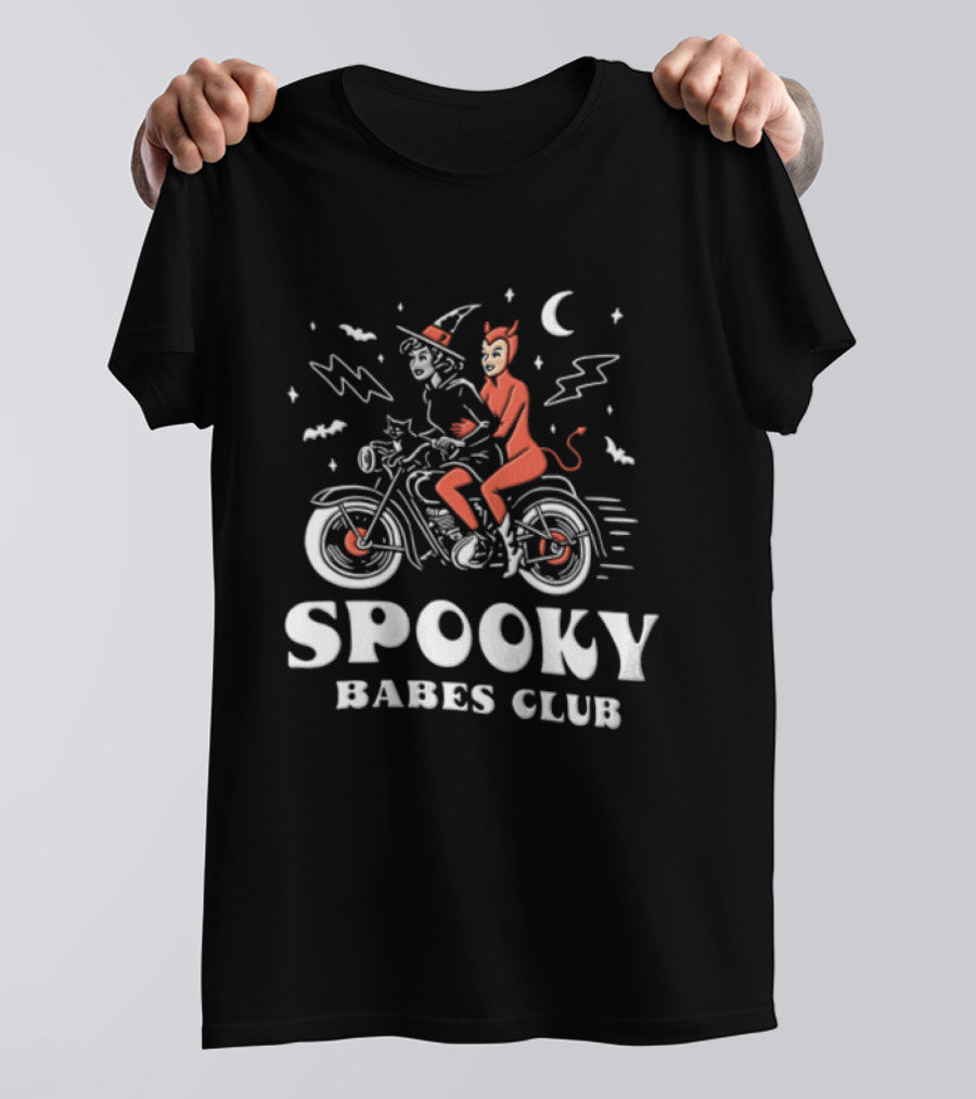 Spooky Babes Club Halloween Witch And Devil Motorcycle Riding T-Shirt