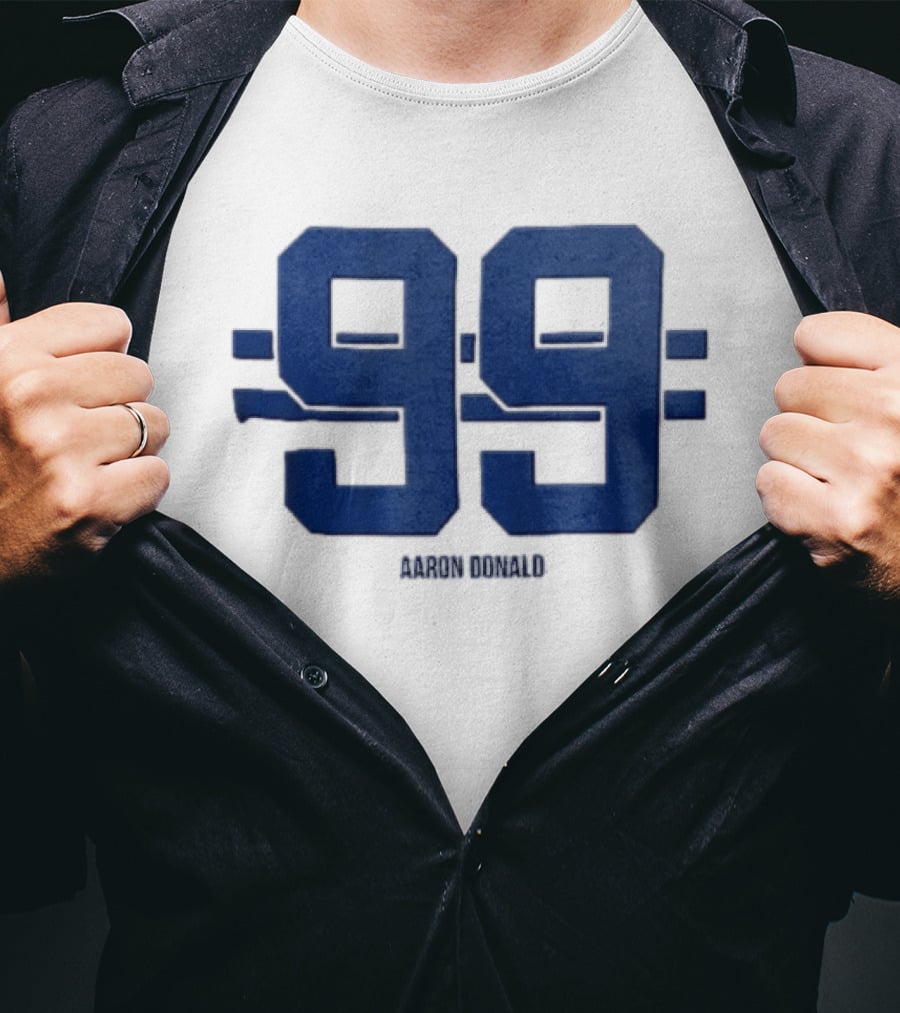 Aaron Donald 99 Blue Jersey Number Block Lettering Horizontal Stripes T-Shirt