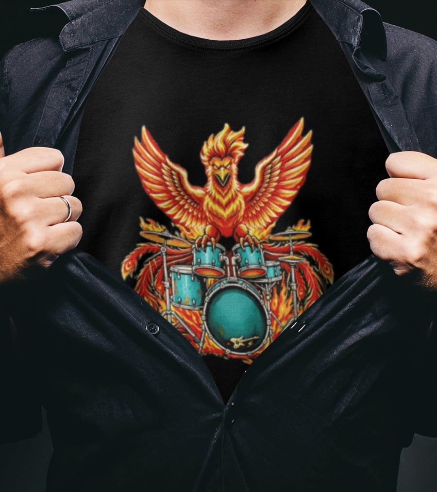 Kozik Phoenix Drummer Rock Drums Fiery Percussion Mythical Bird T-Shirt