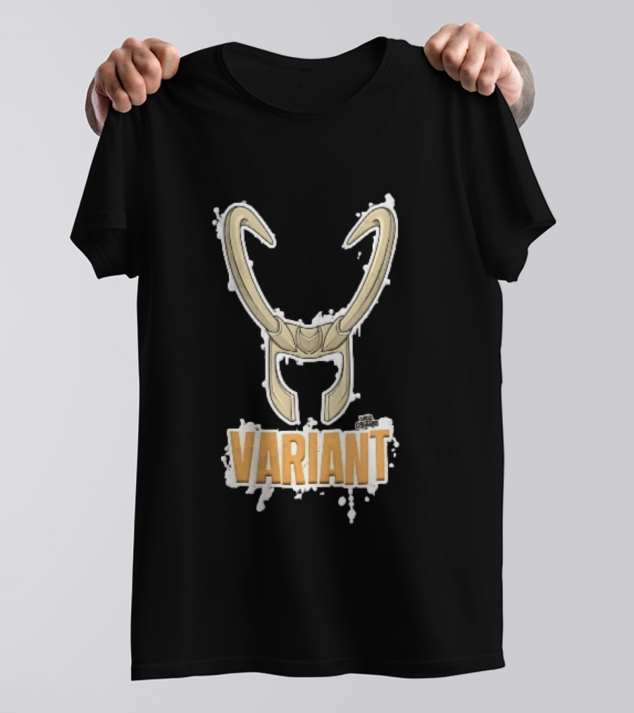 Variant Loki Horned Helmet Golden Horns White Paint Splatter Grunge Cartoon T-Shirt