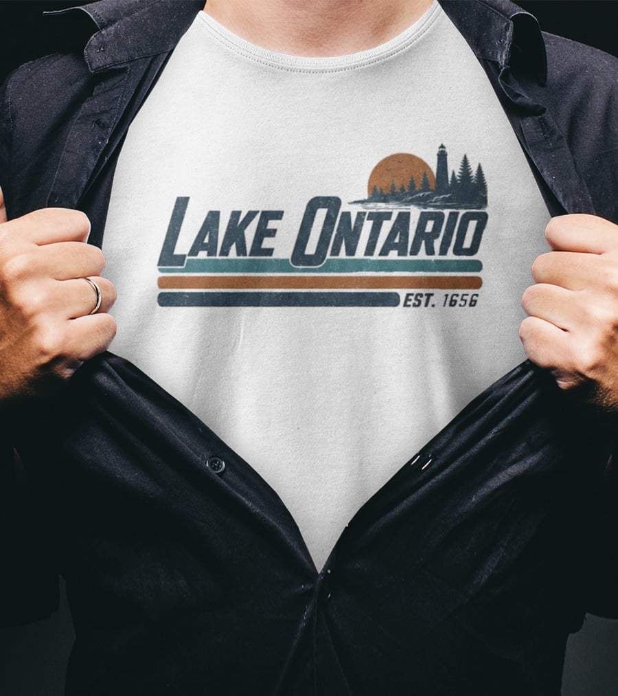 Lake Ontario Established 1956 Vintage Stripe Sunset With Lighthouse And Trees T-Shirt