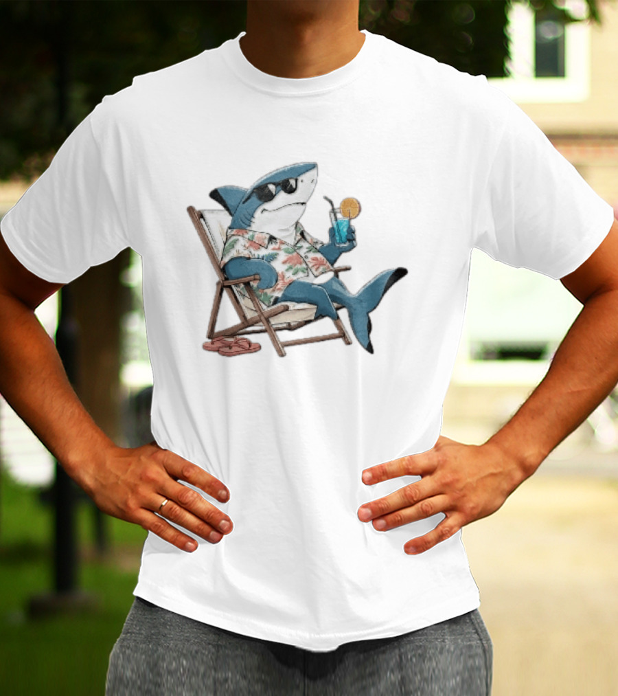 Shark Relaxing In Lounge Chair With Tropical Drink Hawaiian T-Shirt