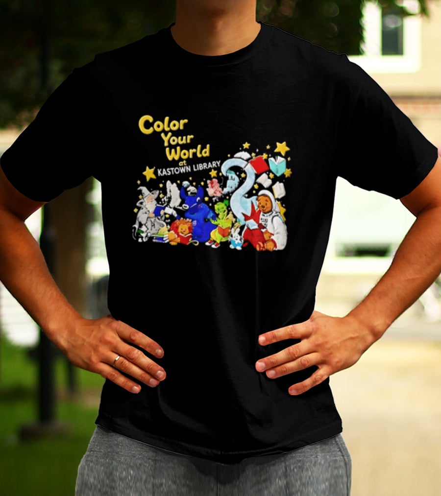 Color Your World At Kastown Library With Reading Books And Vibrant Characters T-Shirt