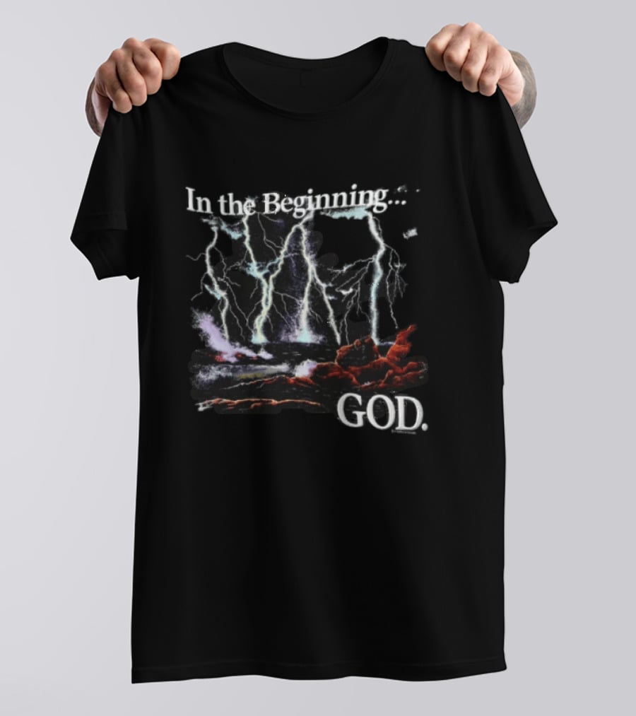 In The Beginning God Lightning Bolts Crashing Waves Rocky Shore T-Shirt