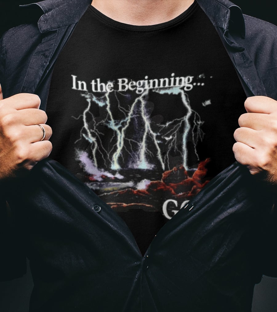 In The Beginning God Lightning Bolts Crashing Waves Rocky Shore T-Shirt
