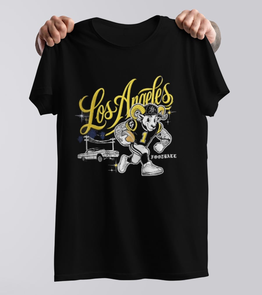 Los Angeles Rams Cartoon Ram Running Lowrider Car Football T-Shirt