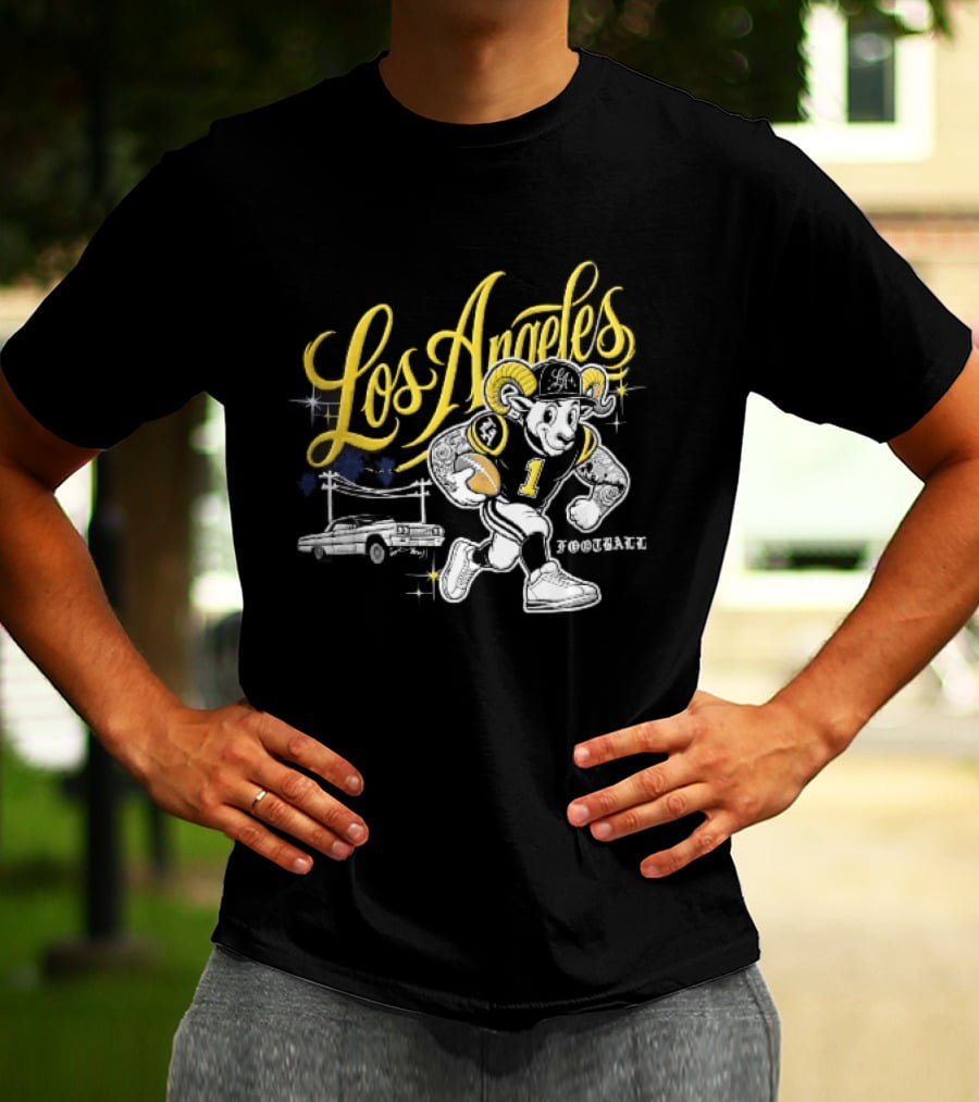 Los Angeles Rams Cartoon Ram Running Lowrider Car Football T-Shirt