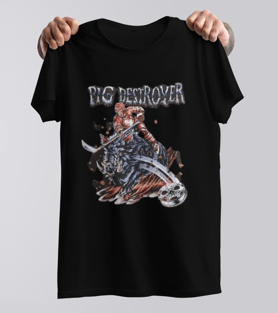Pig Destroyer Skeleton Hockey Player Riding Wild Boar Skull Puck T-Shirt