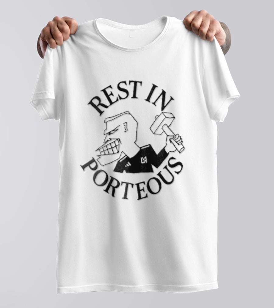 Rest In Porteous Cartoon Caricature Man Holding Hammer T-Shirt