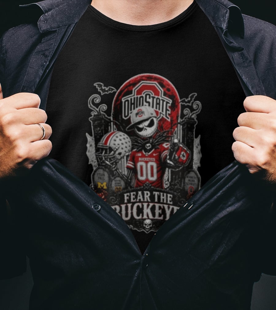 Ohio State Fear The Buckeyes Jack Skellington Halloween Skeleton Football Pumpkins Gravestones T-Shirt