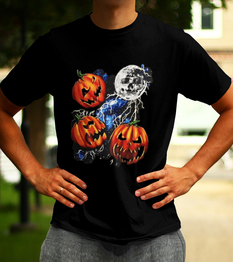 Halloween Pumpkins Skull Moon Lightning T-Shirt