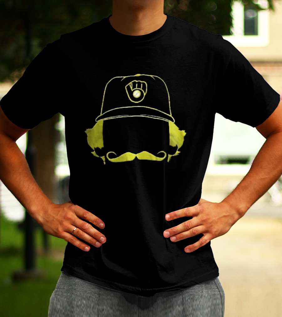 Milwaukee Brewers Iconic Logo Hat Mustache Hair T-Shirt