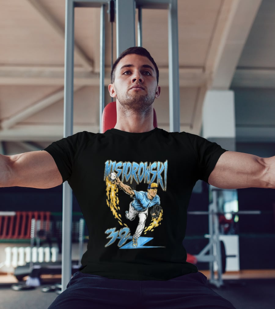 Misiorowski 32 Baseball Pitcher Throwing Flaming Ball In Action T-Shirt
