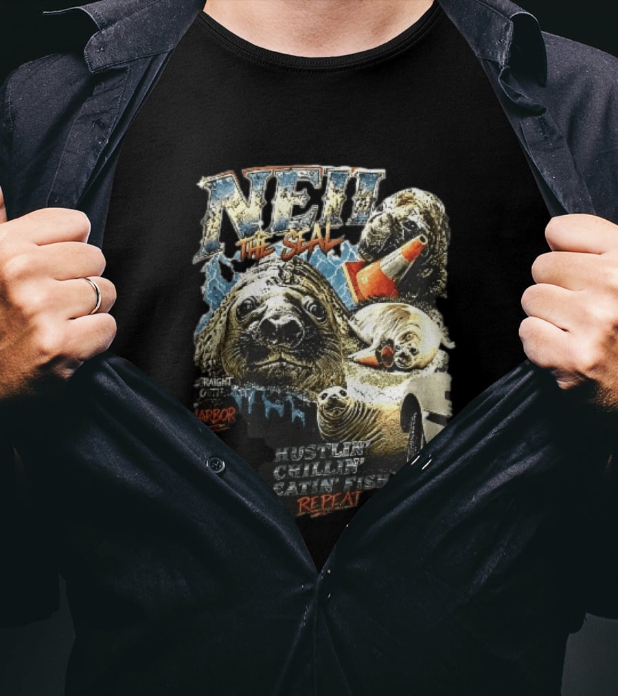 Neil The Seal Hustler Chillin Eating Fish Harbor Animal Warning Cone Repeat T-Shirt