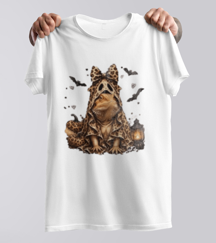 Bewitched Bearded Dragon Cloaked In Leopard Print With Lantern And Bats T-Shirt