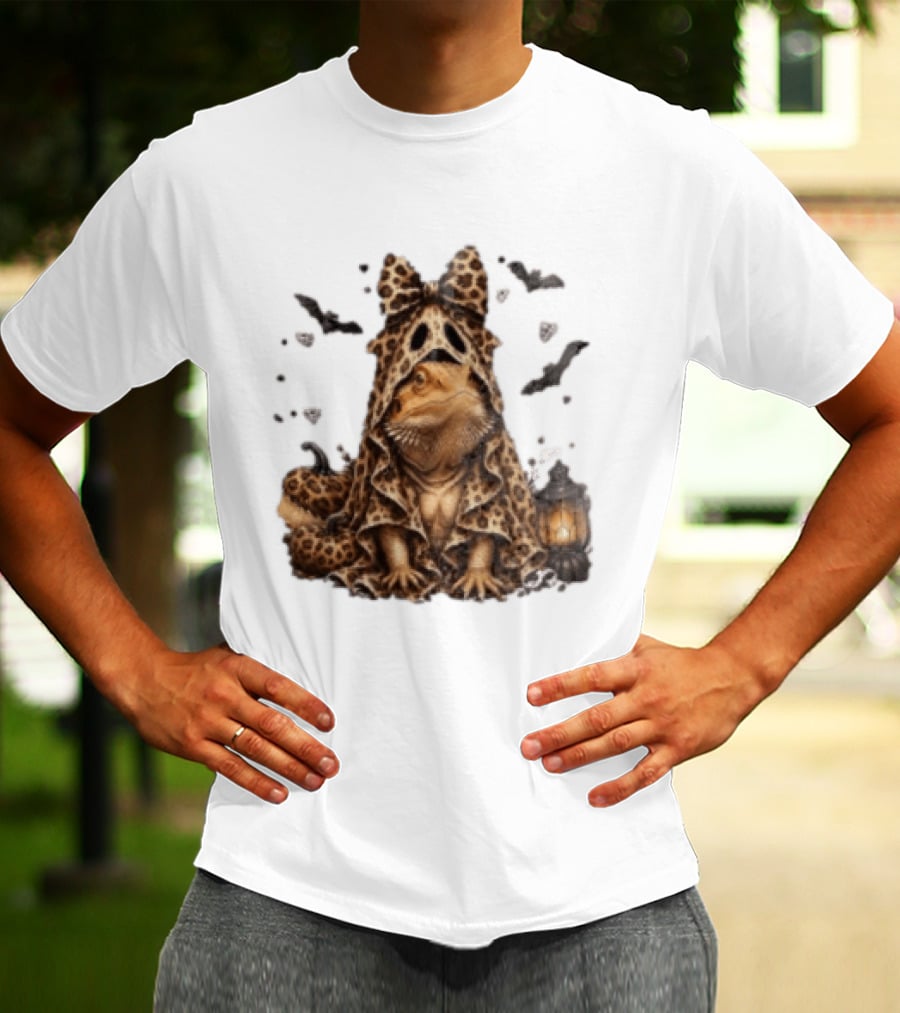Bewitched Bearded Dragon Cloaked In Leopard Print With Lantern And Bats T-Shirt