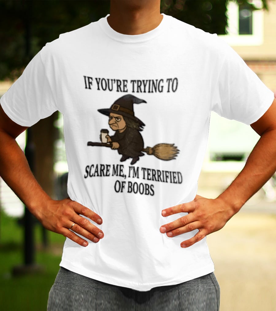 Witch Humor If You're Trying To Scare Me I'm Terrified Of Boobs Broomstick Flying T-Shirt
