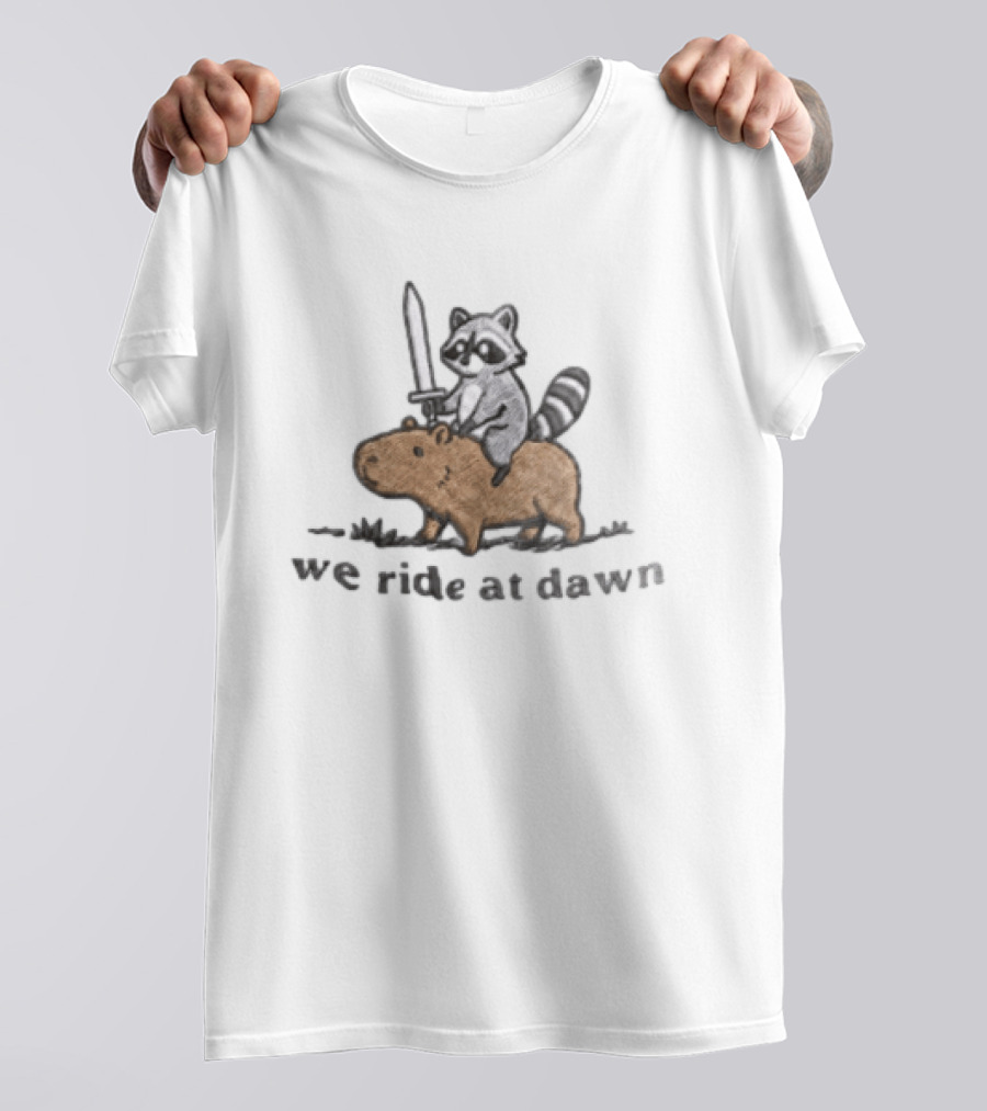 Raccoon Riding Capybara Sword We Ride At Dawn T-Shirt