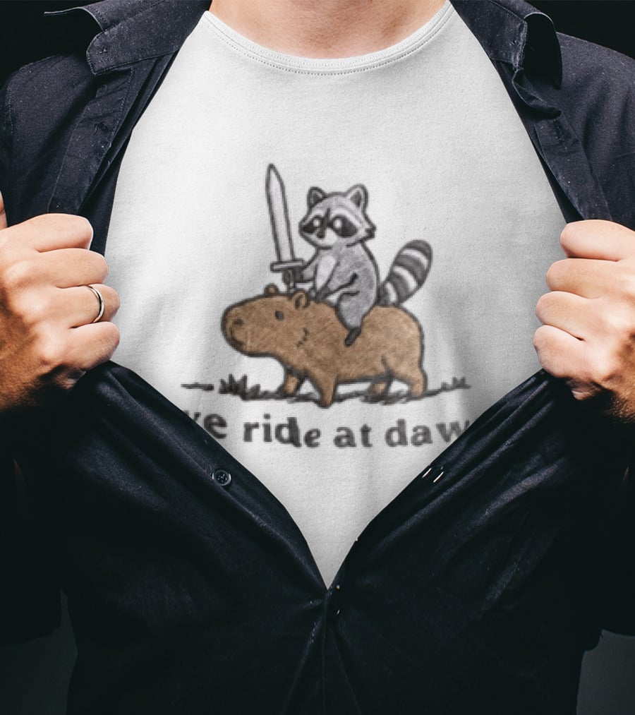 Raccoon Riding Capybara Sword We Ride At Dawn T-Shirt