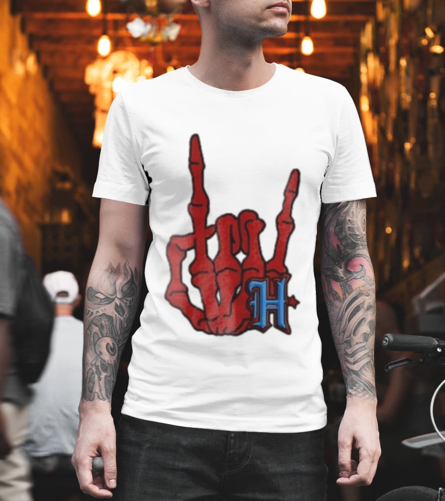 Red Skeleton Hand Sign With Blue H T-Shirt