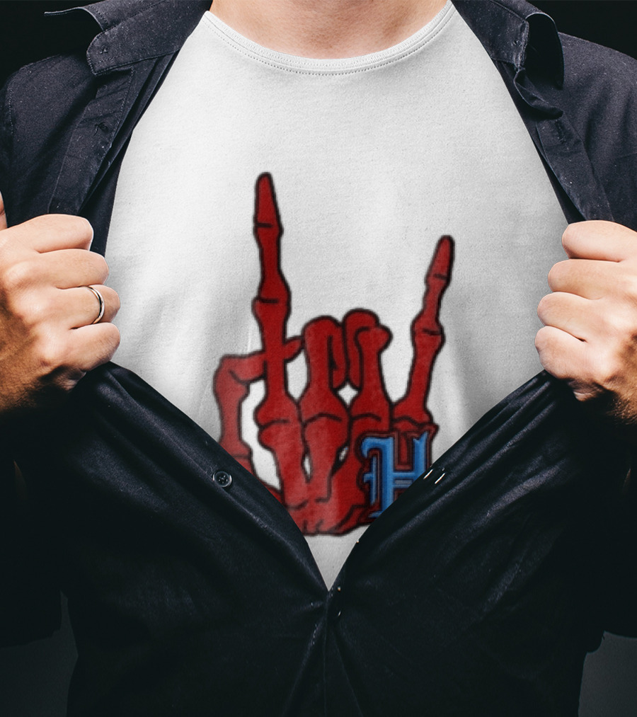 Red Skeleton Hand Sign With Blue H T-Shirt
