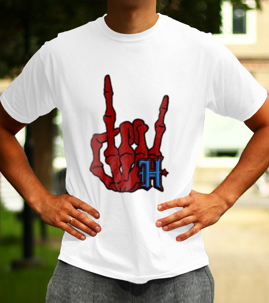 Red Skeleton Hand Sign With Blue H T-Shirt