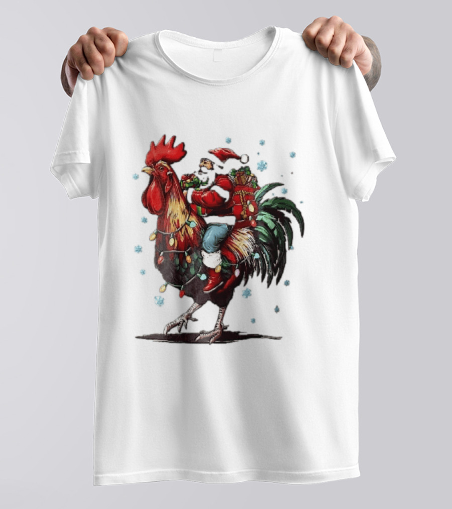 Caricature Santa Riding Rooster With Christmas Presents And Snowflakes T-Shirt