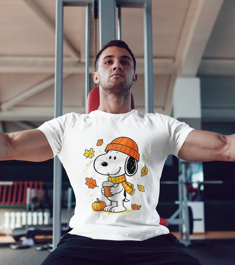 Snoopy Fall Autumn Coffee Pumpkin Leaves Warm Scarf Beanie Hat T-Shirt