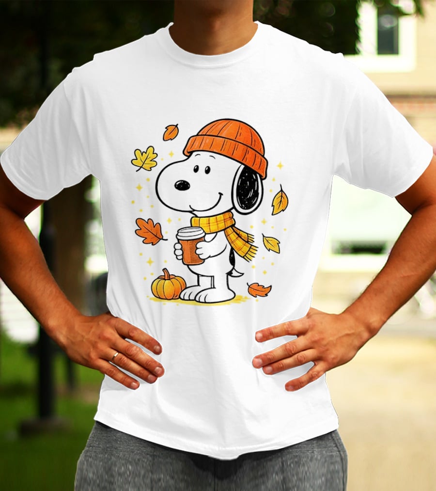 Snoopy Fall Autumn Coffee Pumpkin Leaves Warm Scarf Beanie Hat T-Shirt