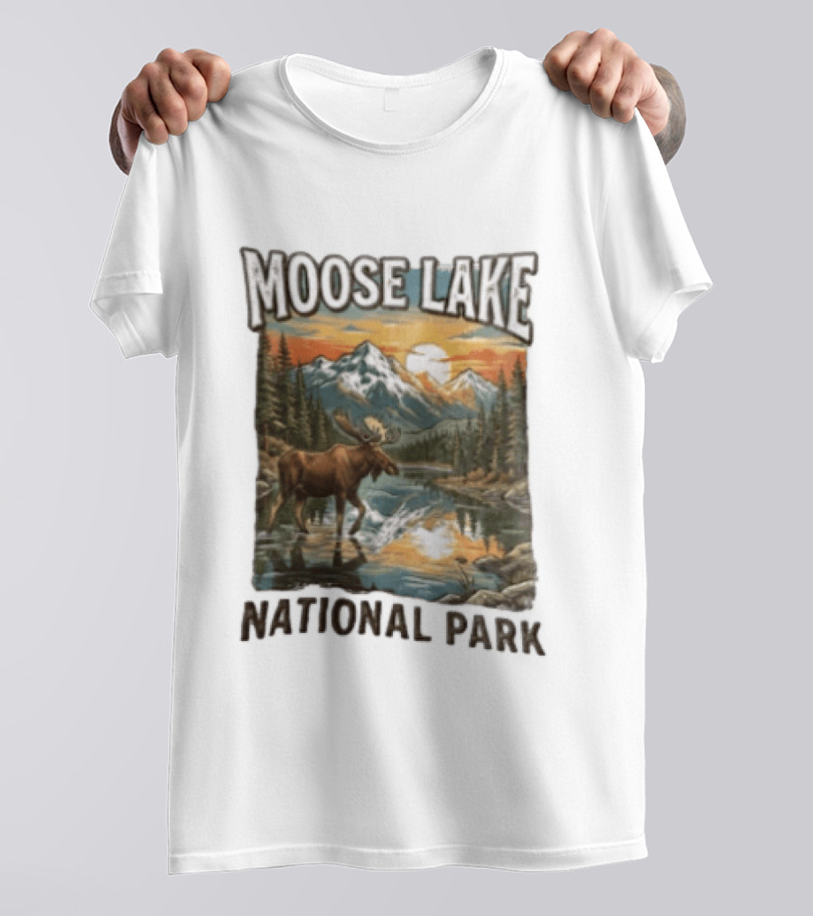 Moose Lake National Park Moose In Water Scenic Mountain Landscape T-Shirt