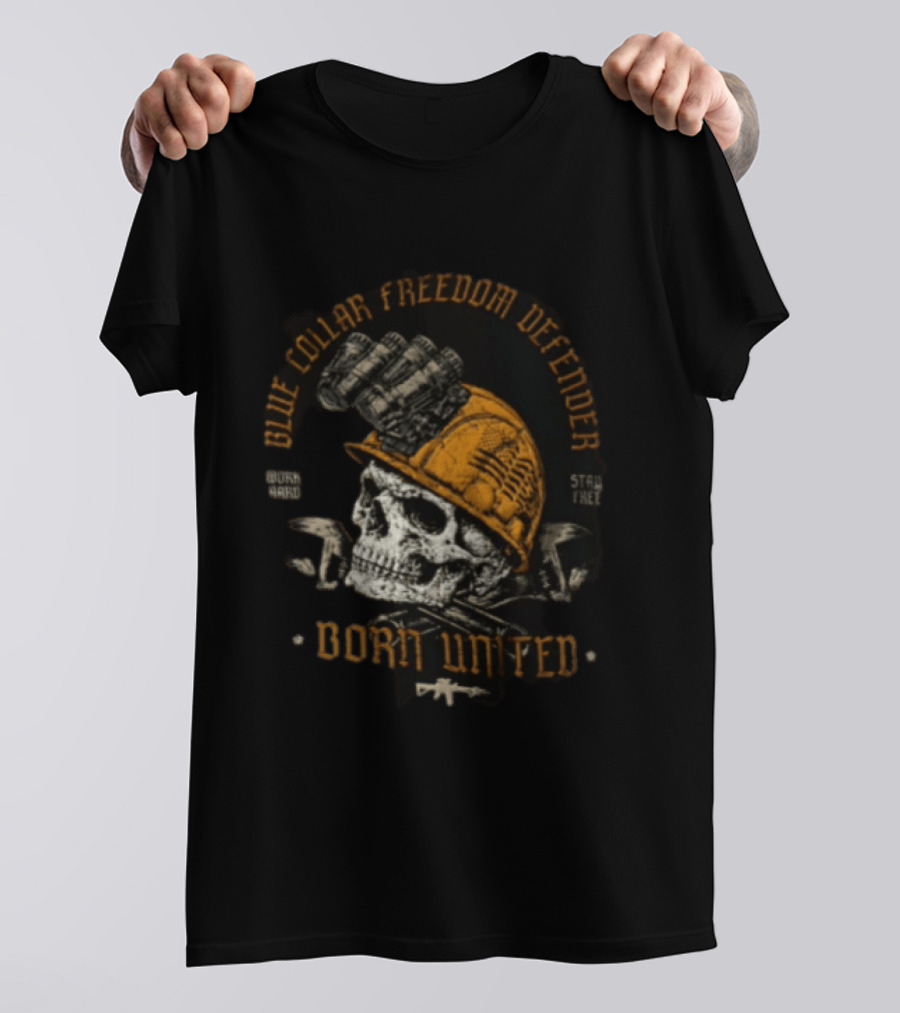 Blue Collar Freedom Defender Born United Stay Free Skull Helmet T-Shirt