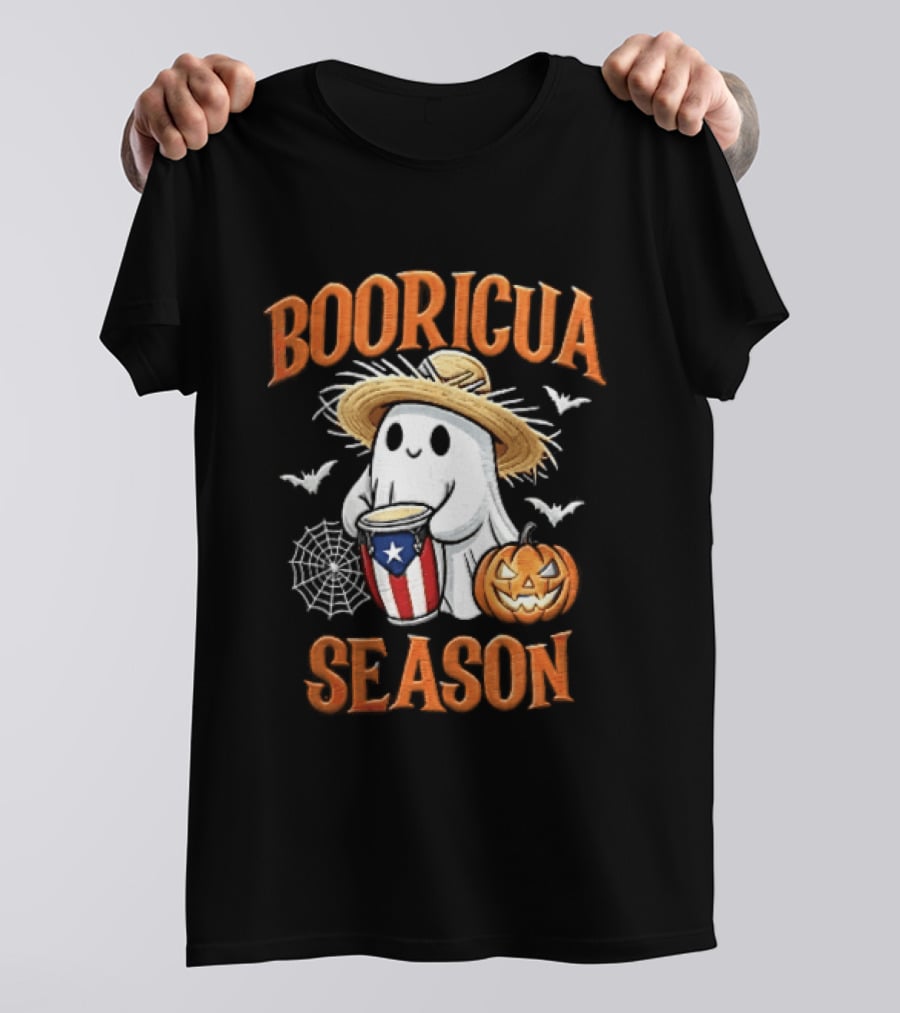 Booricua Season Ghost With Puerto Rico Flag Conga And Pumpkin T-Shirt