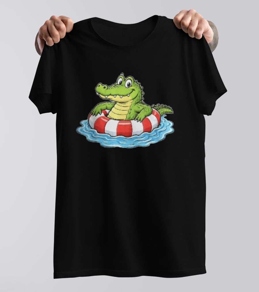 Cartoon Crocodile Relaxing In Red And White Life Buoy On Water T-Shirt