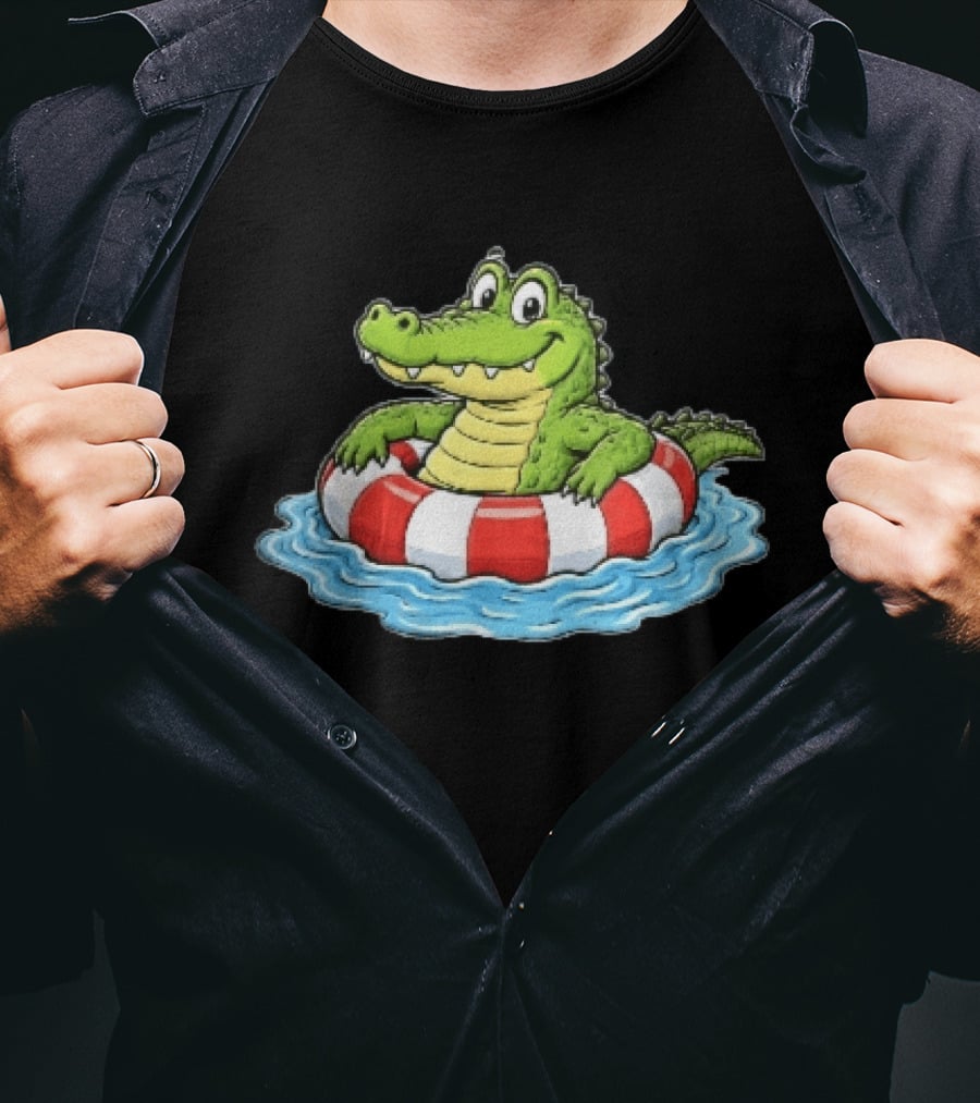 Cartoon Crocodile Relaxing In Red And White Life Buoy On Water T-Shirt