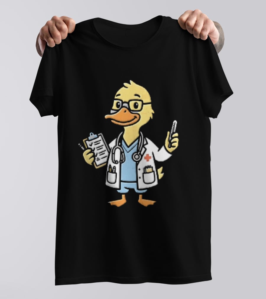 Cartoon Yellow Duck Doctor With Stethoscope Thermometer And Clipboard T-Shirt