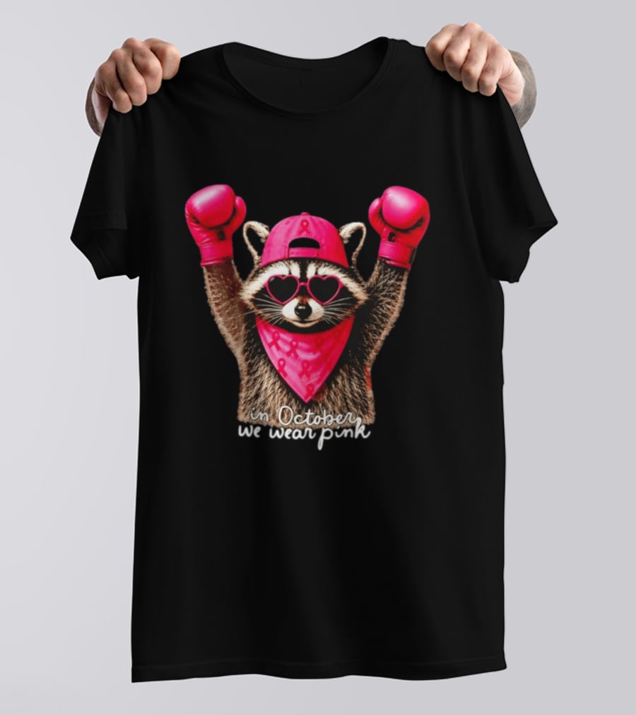 In October We Wear Pink Raccoon Breast Cancer Support Squad Boxing Gloves And Heart Glasses T-Shirt