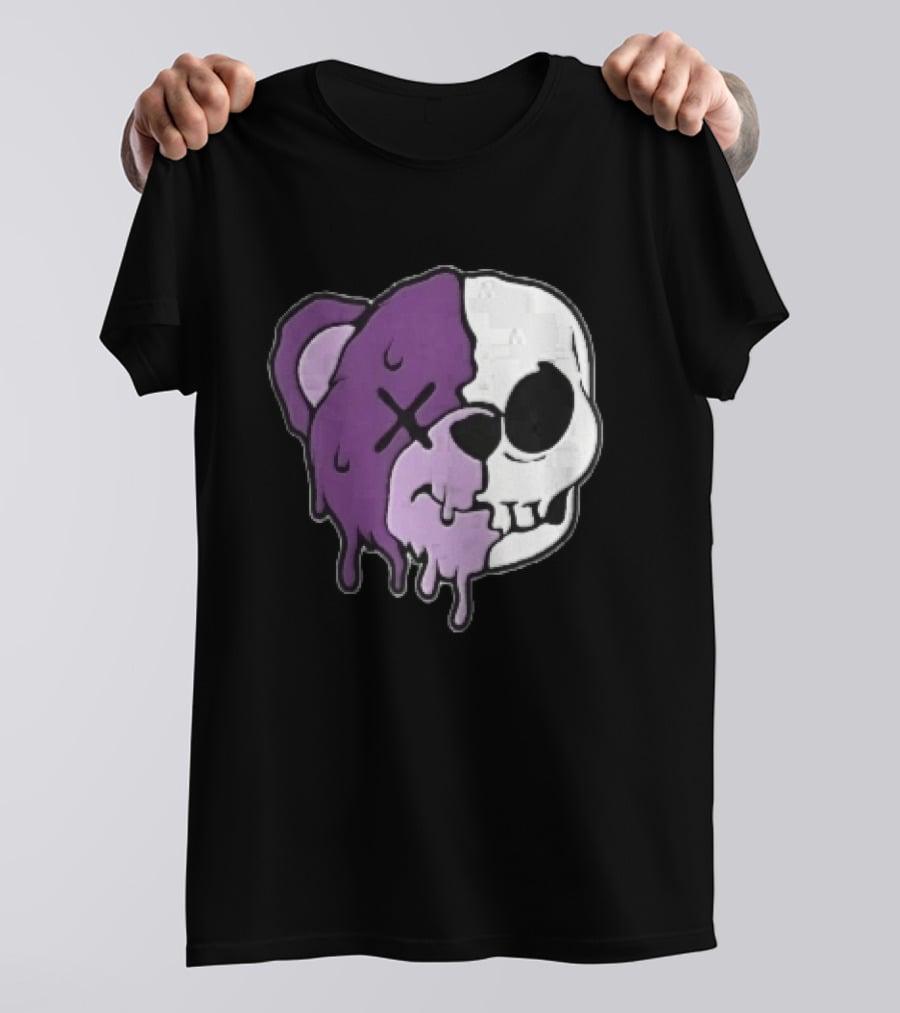 Dripping Purple Teddy Bear Skull Split Face Cartoon T-Shirt