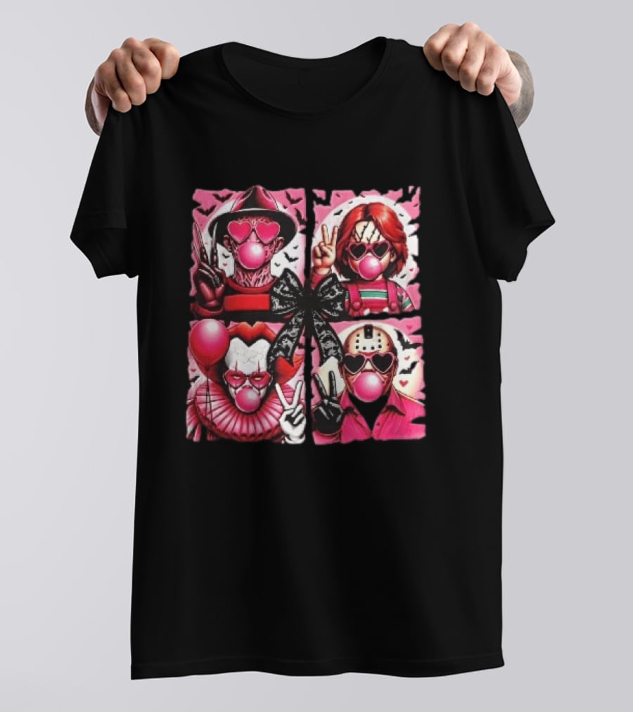 Heart Sunglasses Bubblegum Horror Villains With Peace Signs And Lace Bow T-Shirt
