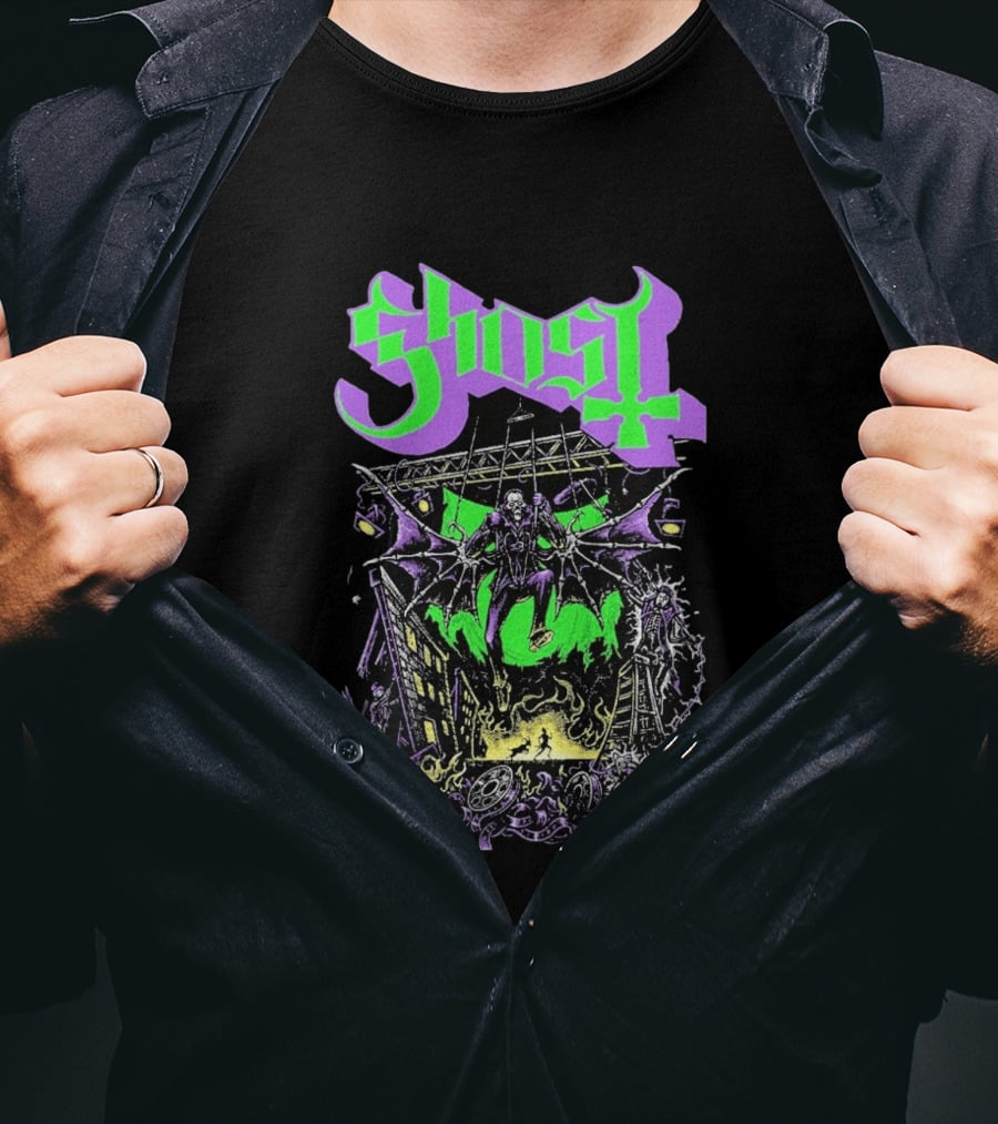 Ghost 2 Big To Rig Cursed Production Artwork With Bat Wings And Fire Scene T-Shirt