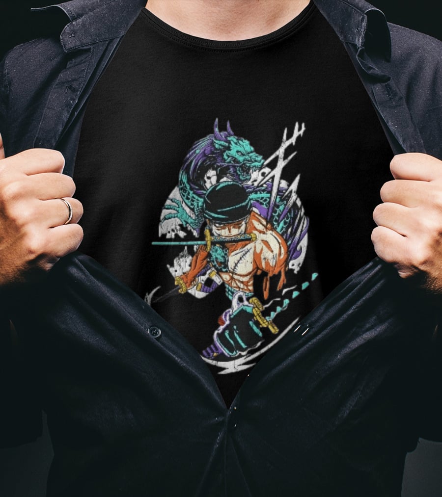 Three Sword Anime Fighter Green Dragon Warrior Distressed T-Shirt