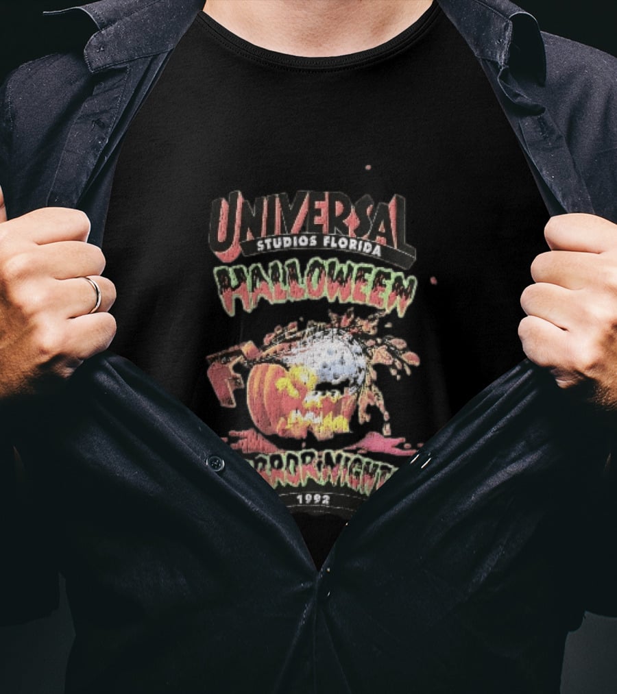 Universal Studios Florida Halloween Horror Nights 1992 Chainsaw Flaming Jack O Lantern T-Shirt