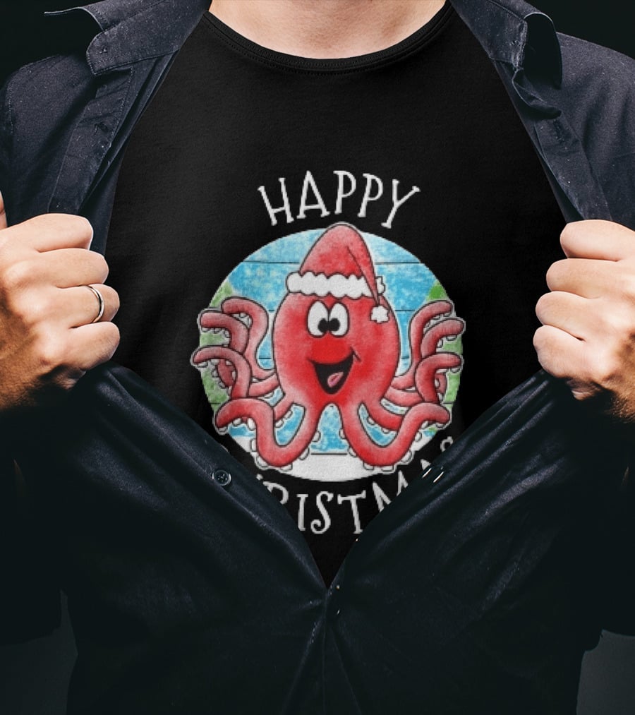 Happy Christmas Red Octopus Santa Hat Ocean Scene T-Shirt